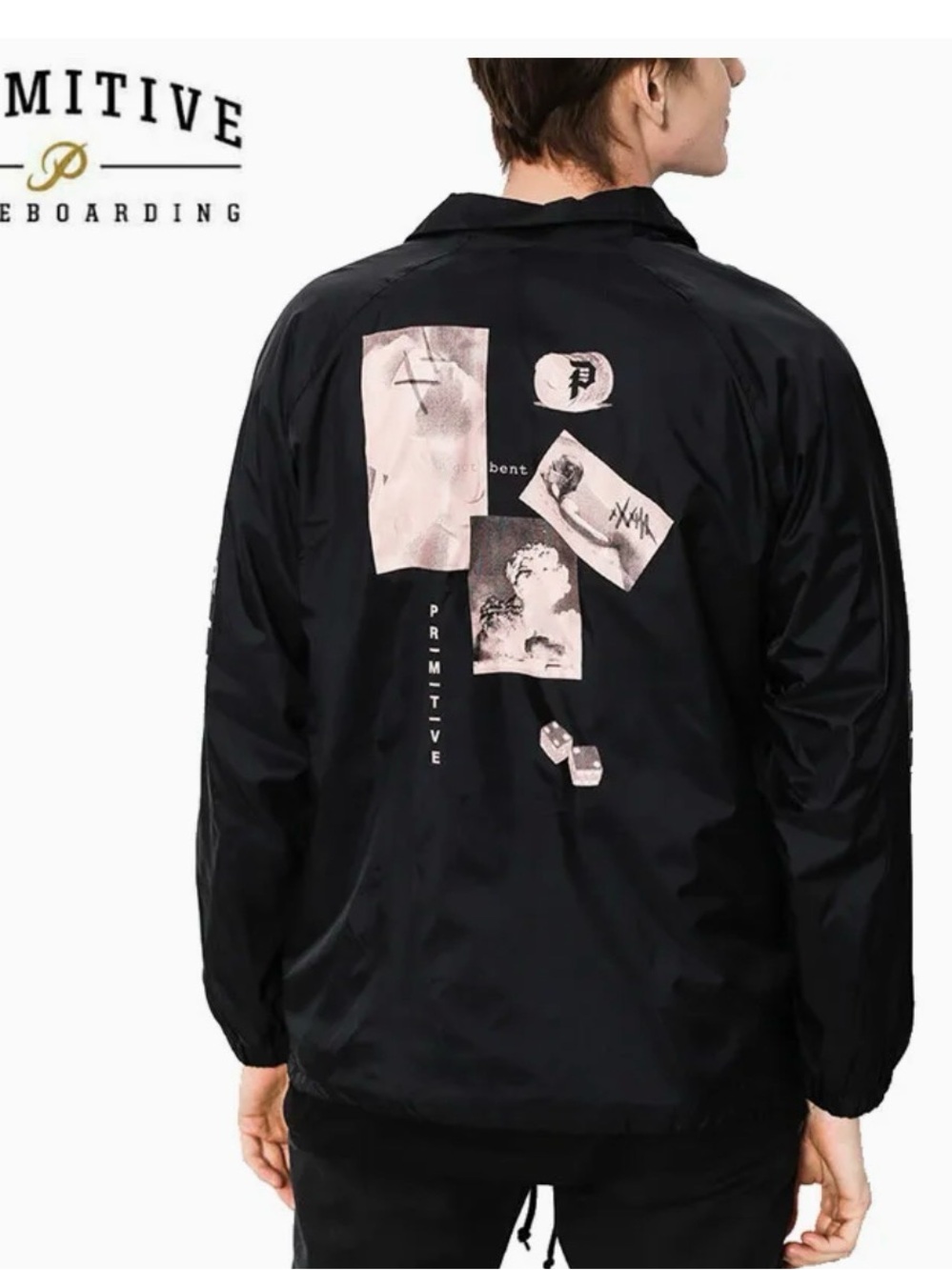 Primitive Skateboarding Mens Coaches Jacket Black Graphic Windbreaker Medium